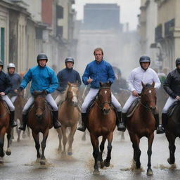 The vibrant city is in chaos, with people running in every direction, pursued by the previously described horse riders who are galloping through the streets, causing a sense of frenzy.