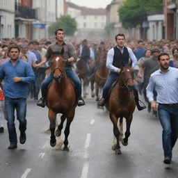 The vibrant city is in chaos, with people running in every direction, pursued by the previously described horse riders who are galloping through the streets, causing a sense of frenzy.