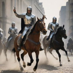 The galloping horse riders, now brandishing gleaming swords, add a heightened sense of urgency to the chaotic city scene.