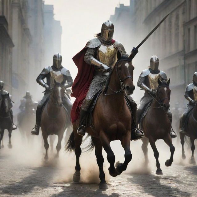 The galloping horse riders, now brandishing gleaming swords, add a heightened sense of urgency to the chaotic city scene.