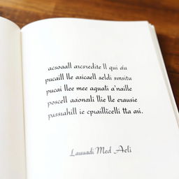 A pristine white page featuring elegant fine black Italian script, beautifully handwritten, as if authored by Laouadi Med Ali himself