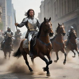 The galloping horse riders, now brandishing gleaming swords, add a heightened sense of urgency to the chaotic city scene.