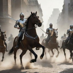 The galloping horse riders, now brandishing gleaming swords, add a heightened sense of urgency to the chaotic city scene.