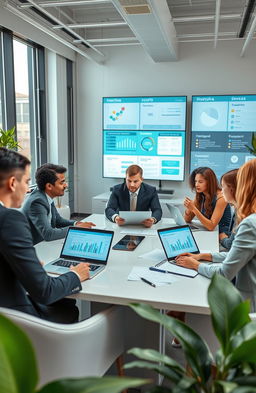 A sleek and modern office environment with a diverse group of professionals collaborating around a large conference table