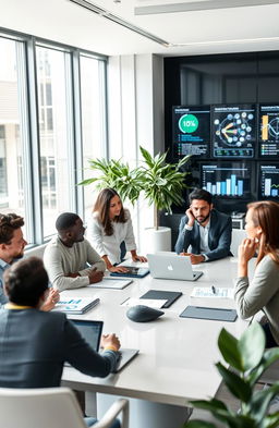 A sleek and modern office environment with a diverse group of professionals collaborating around a large conference table