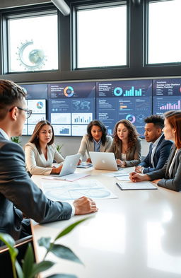 A sleek and modern office environment with a diverse group of professionals collaborating around a large conference table