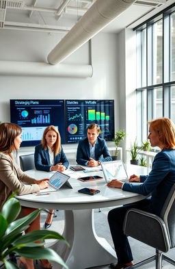 A sleek and modern office environment with a diverse group of professionals collaborating around a large conference table