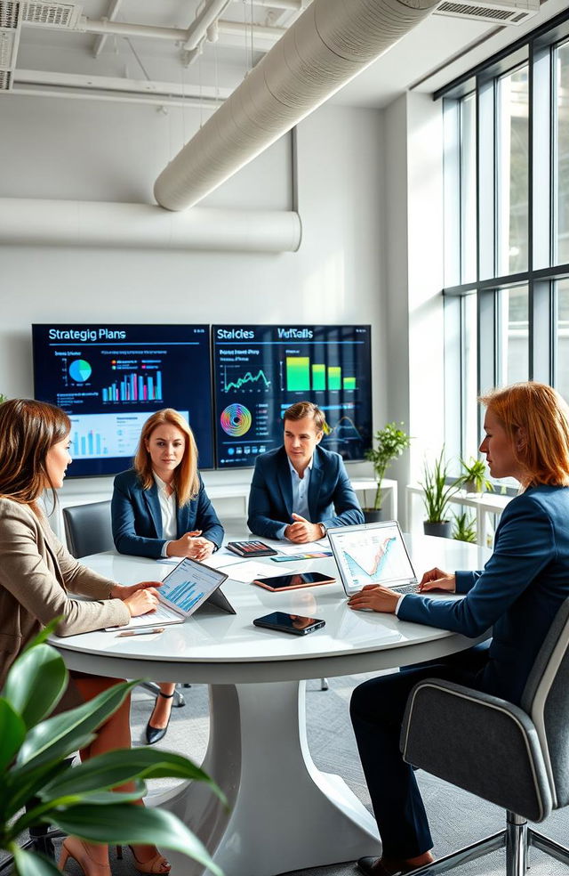 A sleek and modern office environment with a diverse group of professionals collaborating around a large conference table