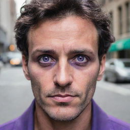 In the midst of the city's turmoil, a daring man emerges, notable for his striking, naturally purple-hued eyes.