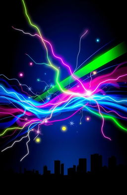 An abstract and vibrant artwork inspired by the theme "Electric" featuring dynamic lines and shapes representing energy, neon colors such as bright blue, green, and pink flowing through the composition, electric sparks, and glowing light effects