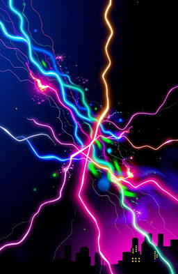 An abstract and vibrant artwork inspired by the theme "Electric" featuring dynamic lines and shapes representing energy, neon colors such as bright blue, green, and pink flowing through the composition, electric sparks, and glowing light effects