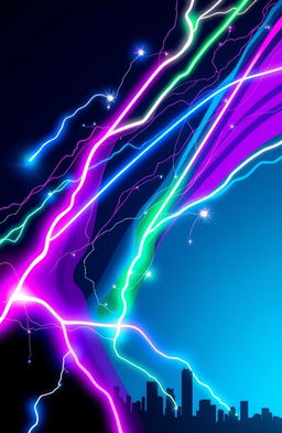 An abstract and vibrant artwork inspired by the theme "Electric" featuring dynamic lines and shapes representing energy, neon colors such as bright blue, green, and pink flowing through the composition, electric sparks, and glowing light effects