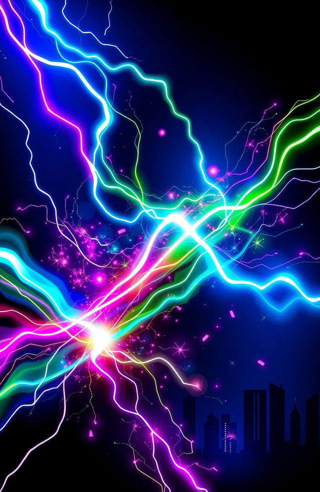 An abstract and vibrant artwork inspired by the theme "Electric" featuring dynamic lines and shapes representing energy, neon colors such as bright blue, green, and pink flowing through the composition, electric sparks, and glowing light effects