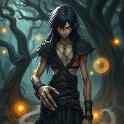 A male fantasy character with a skinny physique and long, greasy black hair