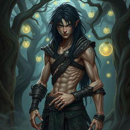 A male fantasy character with a skinny physique and long, greasy black hair