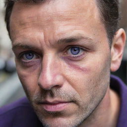 In the midst of the city's turmoil, a daring man emerges, notable for his striking, naturally purple-hued eyes.
