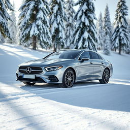 A sleek Mercedes A250e in selenite grey, parked elegantly against a backdrop of pristine, white snow