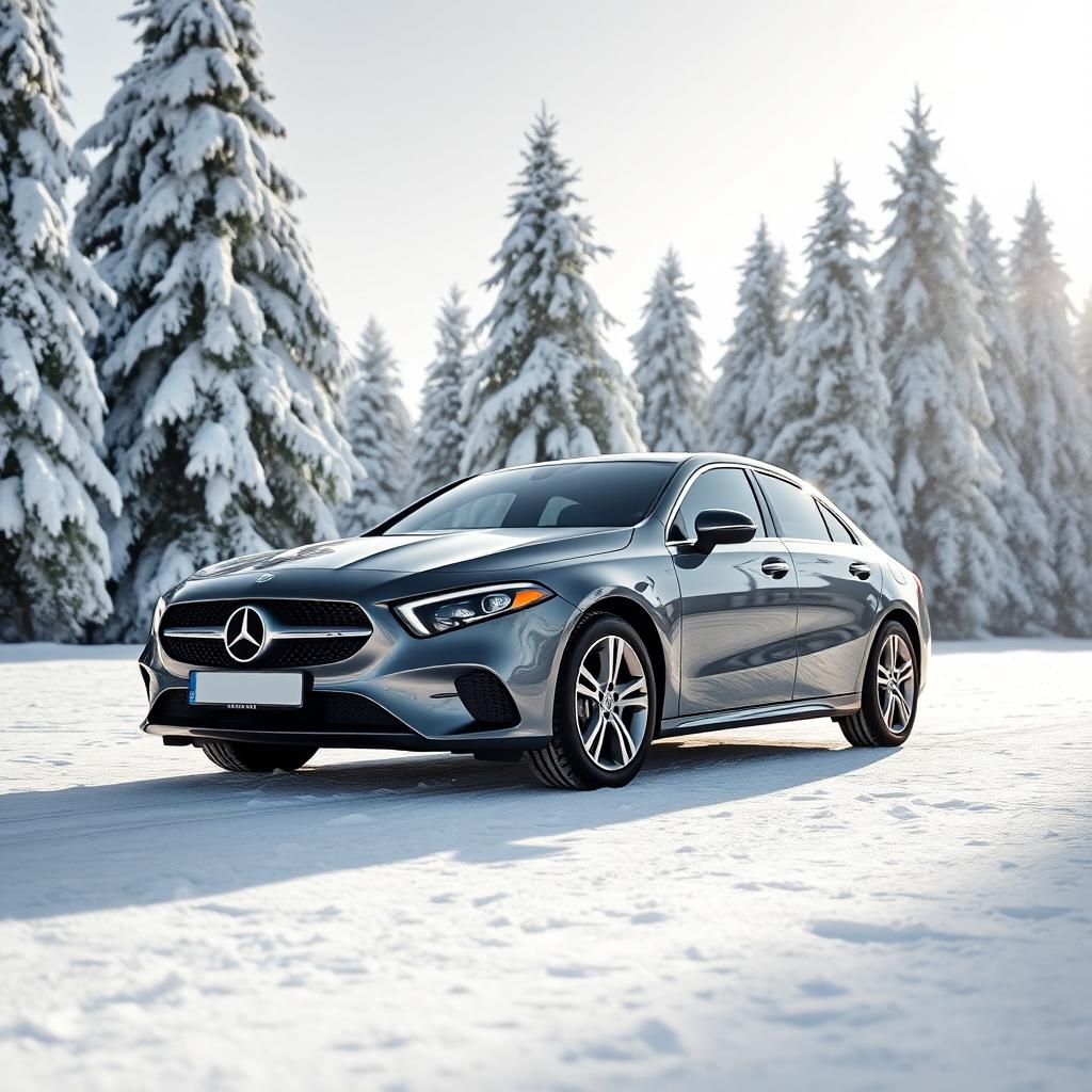 A sleek Mercedes A250e in selenite grey, parked elegantly against a backdrop of pristine, white snow