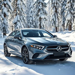 A sleek Mercedes A250e in selenite grey, parked elegantly against a backdrop of pristine, white snow