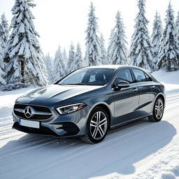A sleek Mercedes A250e in selenite grey, parked elegantly against a backdrop of pristine, white snow