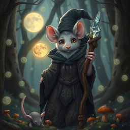 A female rat wizard standing in a mystical forest surrounded by floating magical orbs, wearing a tattered dark robe adorned with ancient runes