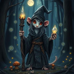 A female rat wizard standing in a mystical forest surrounded by floating magical orbs, wearing a tattered dark robe adorned with ancient runes