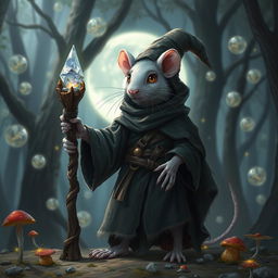 A female rat wizard standing in a mystical forest surrounded by floating magical orbs, wearing a tattered dark robe adorned with ancient runes