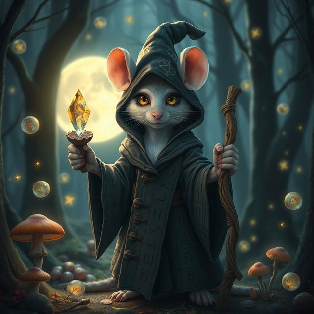 A female rat wizard standing in a mystical forest surrounded by floating magical orbs, wearing a tattered dark robe adorned with ancient runes