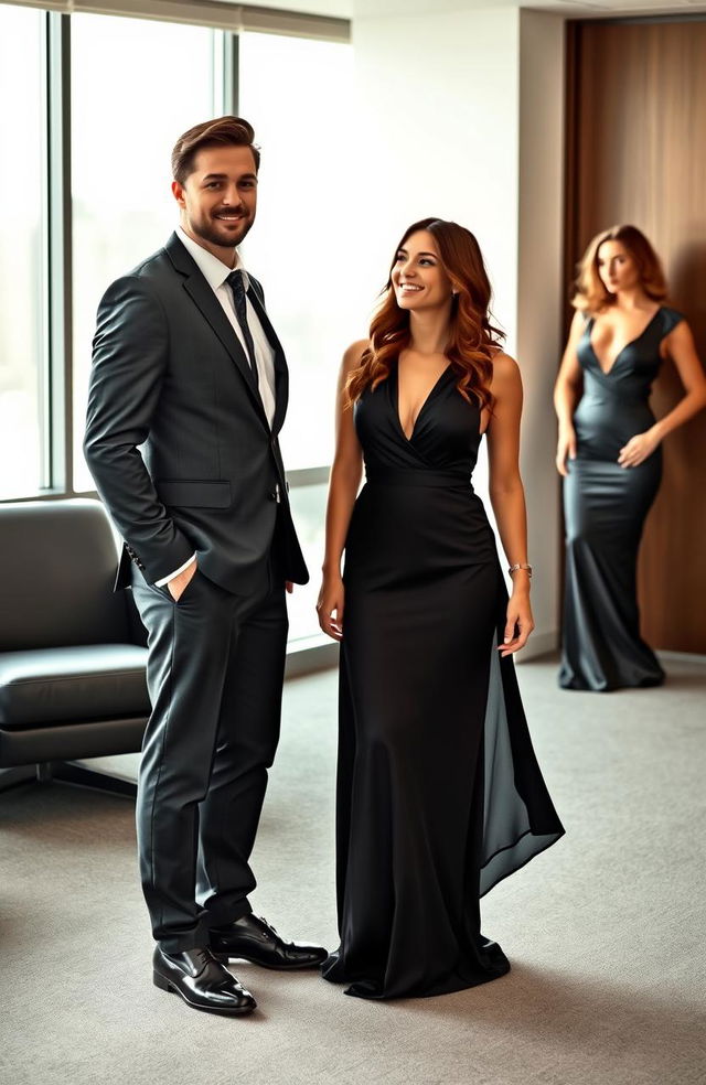 A handsome CEO standing confidently in a modern office environment, dressed in a sharp suit with a well-groomed appearance