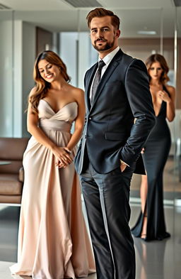 A handsome CEO standing confidently in a modern office environment, dressed in a sharp suit with a well-groomed appearance