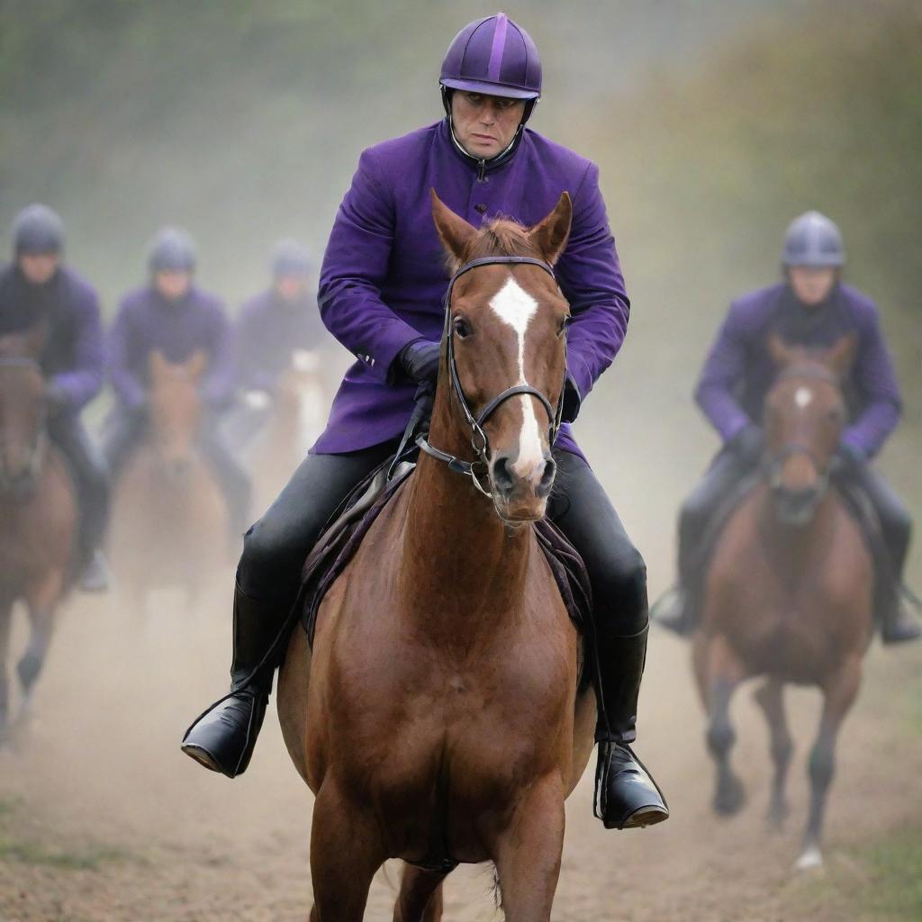 Upon noticing the man with purple eyes, the hitherto intimidating horse riders recoil in fear and retreat, their bravado instantly shattered.