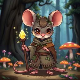 A cute female chibi rat druid with oversized ears and a whimsical expression, dressed in earthy, patchwork robes adorned with leaves and flowers