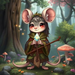 A cute female chibi rat druid with oversized ears and a whimsical expression, dressed in earthy, patchwork robes adorned with leaves and flowers