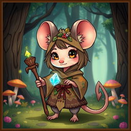 A cute female chibi rat druid with oversized ears and a whimsical expression, dressed in earthy, patchwork robes adorned with leaves and flowers