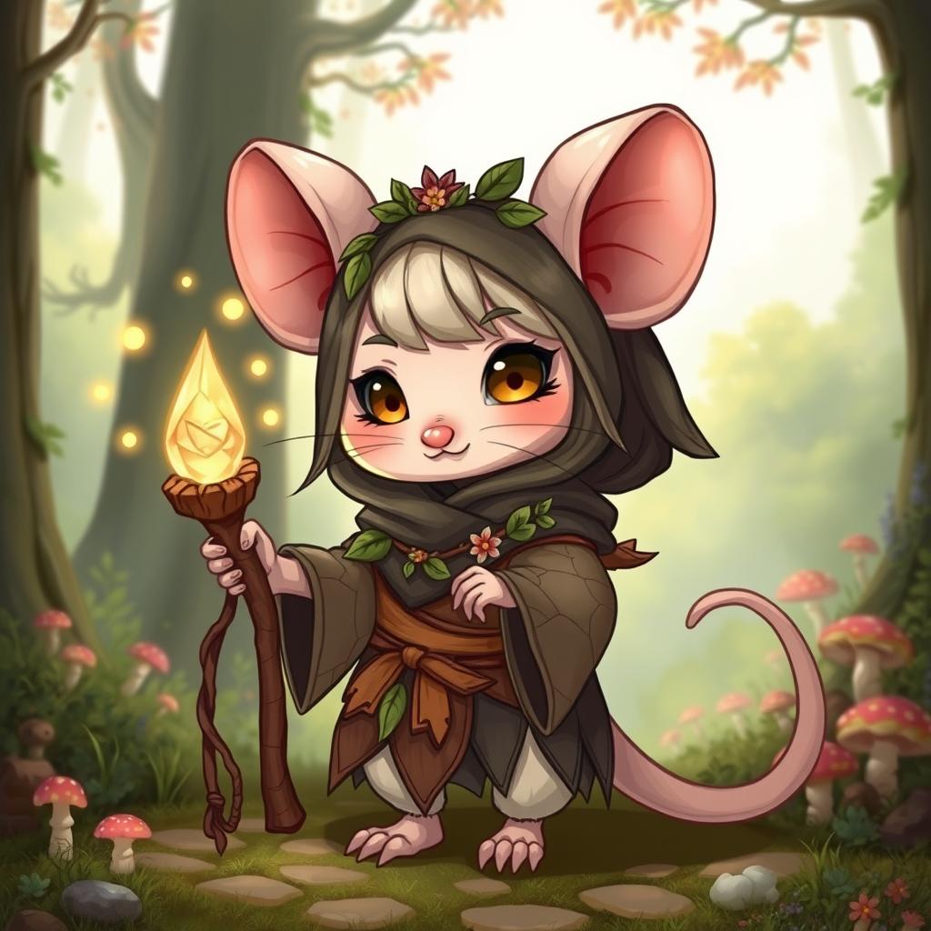 A cute female chibi rat druid with oversized ears and a whimsical expression, dressed in earthy, patchwork robes adorned with leaves and flowers