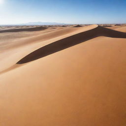 Breathtaking view of a vast desert, characterized by endless stretches of golden sand dunes under a clear azure sky