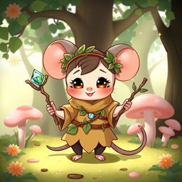 An adorable androgynous chibi mouse druid with large round ears and a playful smile, dressed in a combination of earthy-toned tunic and leafy accessories