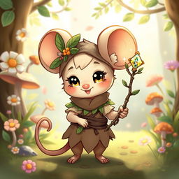 An adorable androgynous chibi mouse druid with large round ears and a playful smile, dressed in a combination of earthy-toned tunic and leafy accessories