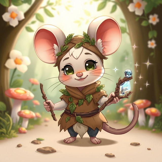 An adorable androgynous chibi mouse druid with large round ears and a playful smile, dressed in a combination of earthy-toned tunic and leafy accessories