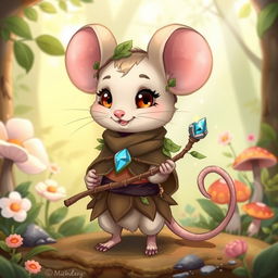 An adorable androgynous chibi mouse druid with large round ears and a playful smile, dressed in a combination of earthy-toned tunic and leafy accessories