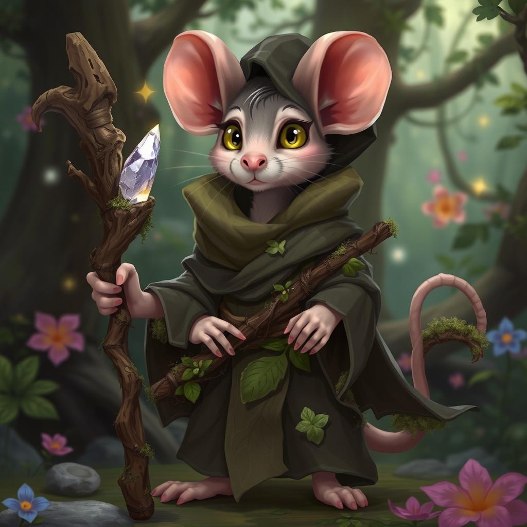 An androgynous rat druid with a mysterious and whimsical appearance, sporting fluffy ears and a stylish, flowing robe made of natural materials like leaves and vines