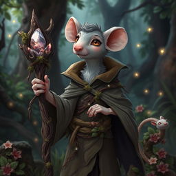 An androgynous rat druid with a mysterious and whimsical appearance, sporting fluffy ears and a stylish, flowing robe made of natural materials like leaves and vines