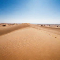 Breathtaking view of a vast desert, characterized by endless stretches of golden sand dunes under a clear azure sky