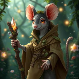 An androgynous rat druid with a mysterious and whimsical appearance, sporting fluffy ears and a stylish, flowing robe made of natural materials like leaves and vines