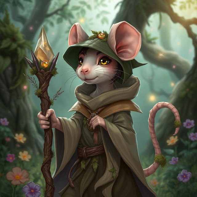 An androgynous rat druid with a mysterious and whimsical appearance, sporting fluffy ears and a stylish, flowing robe made of natural materials like leaves and vines