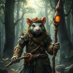 A fierce rat druid clad in intricately designed wooden armor that blends seamlessly with the forest surroundings
