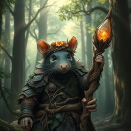 A fierce rat druid clad in intricately designed wooden armor that blends seamlessly with the forest surroundings