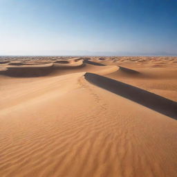 Breathtaking view of a vast desert, characterized by endless stretches of golden sand dunes under a clear azure sky