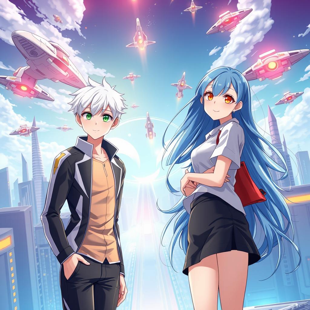 A captivating book cover for a futuristic slice of life romance novel featuring a young tall adult male with short white hair and striking green eyes, wearing a modern, futuristic shirt and fitted pants