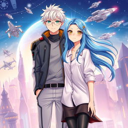 A captivating book cover for a futuristic slice of life romance novel featuring a young tall adult male with short white hair and striking green eyes, wearing a modern, futuristic shirt and fitted pants